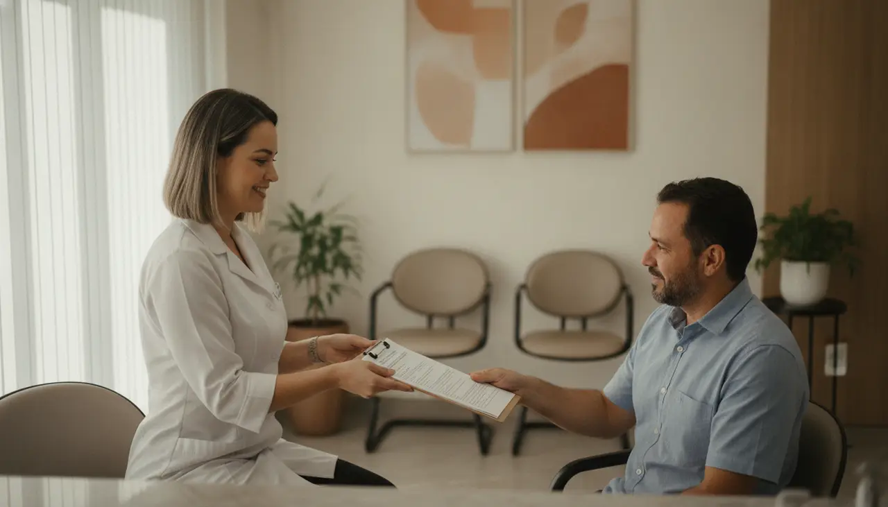 Recepcionista sorridente entrega uma prancheta a um paciente na recepção de uma clínica odontológica