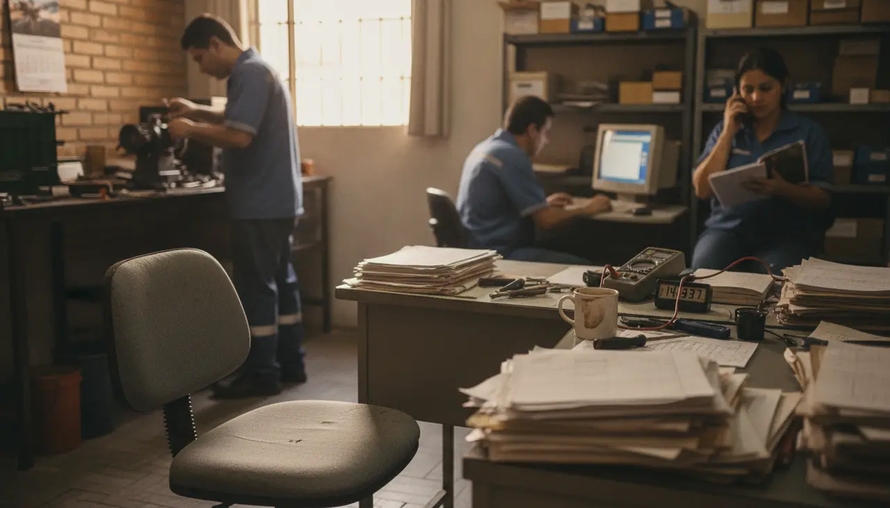 Estação de trabalho vazia em um pequeno escritório brasileiro durante o horário de expediente