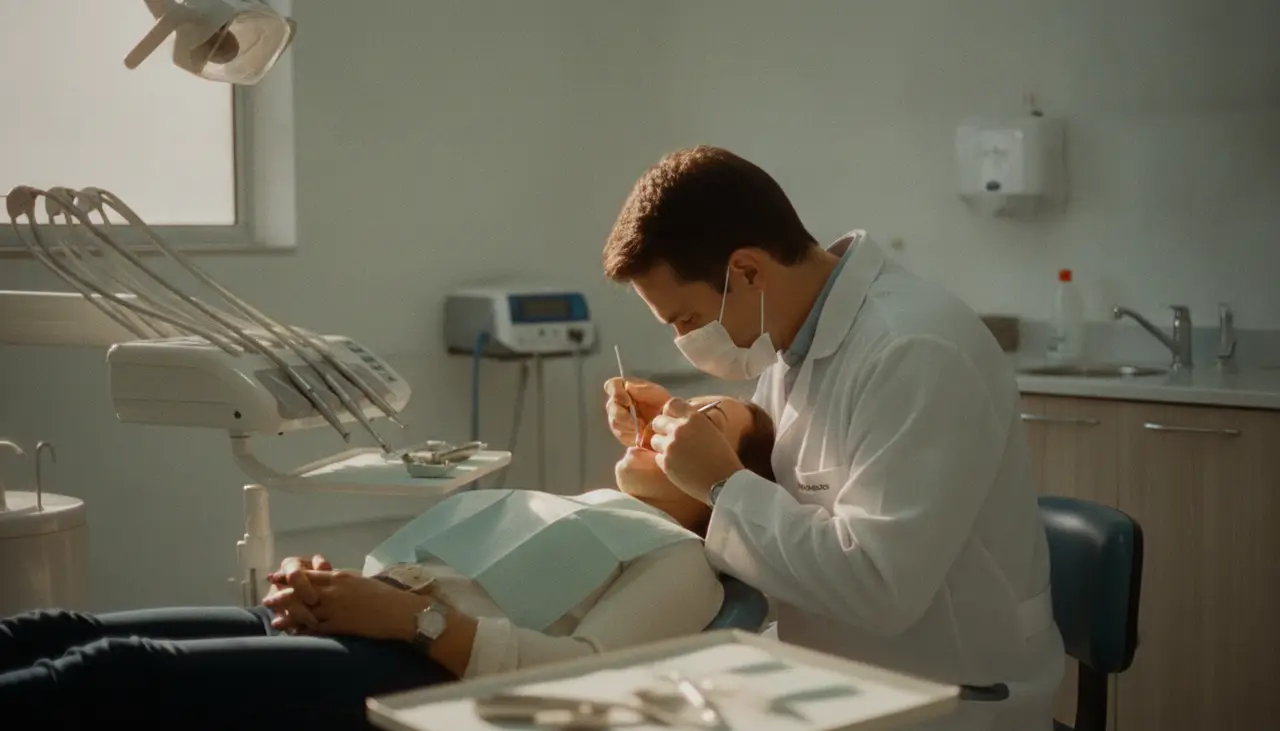 Paciente adulto sentado na cadeira do dentista durante uma consulta odontológica de rotina