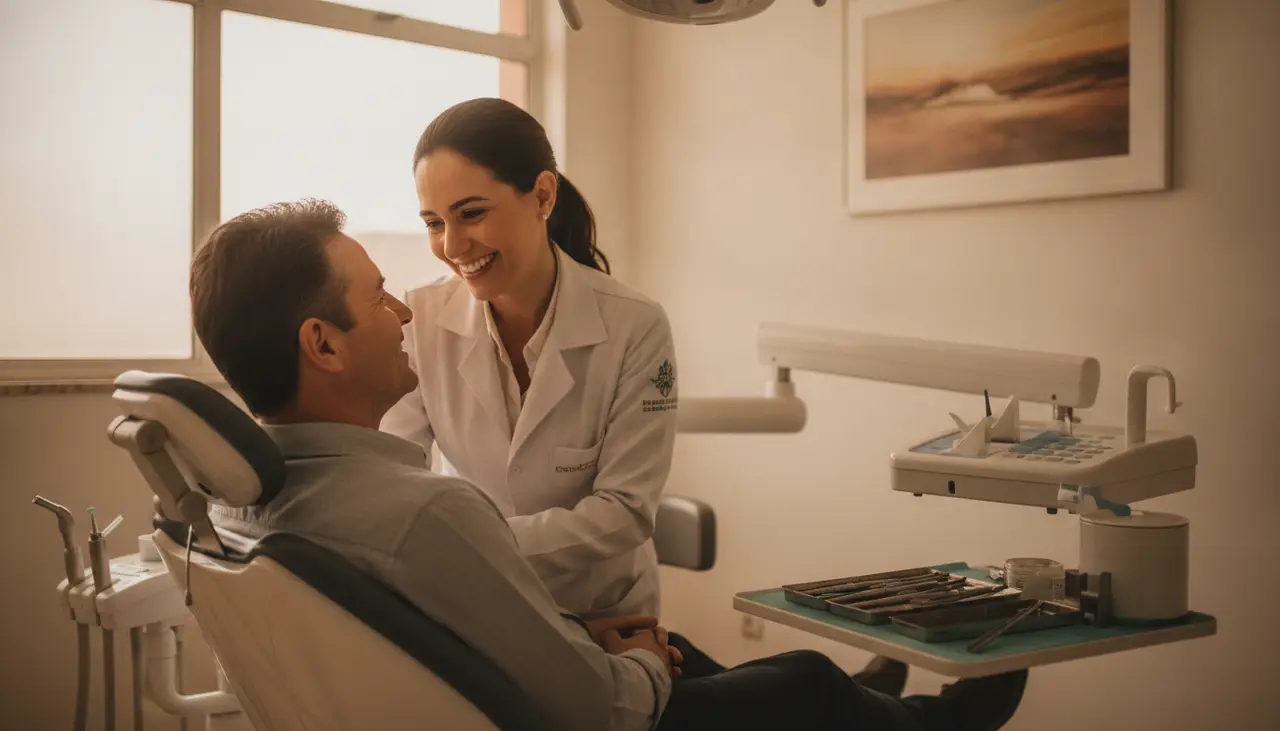 Dentista atendendo com atenção um paciente sorridente em consultório iluminado por luz natural
