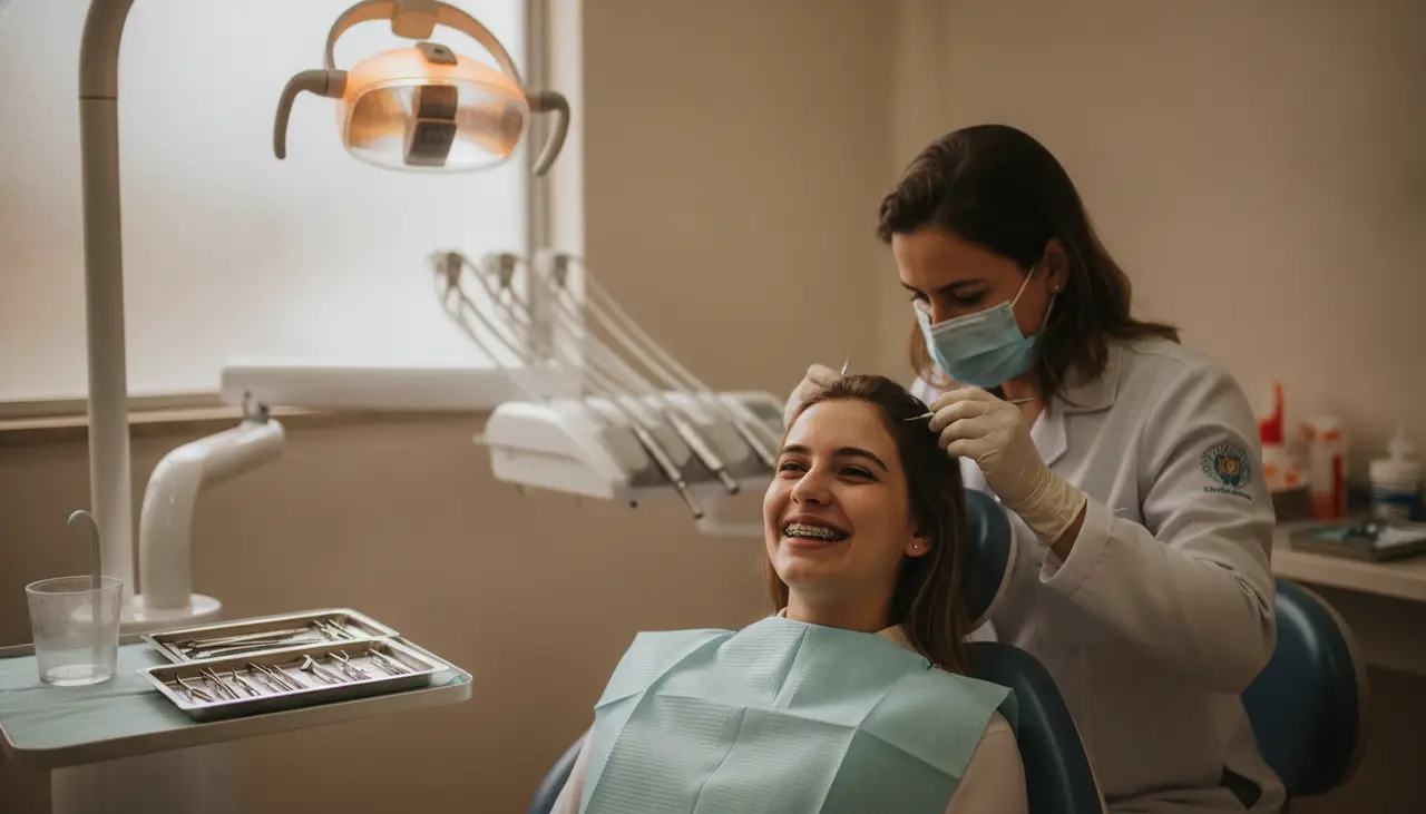 Jovem paciente sorrindo com aparelho ortodôntico durante consulta em consultório odontológico