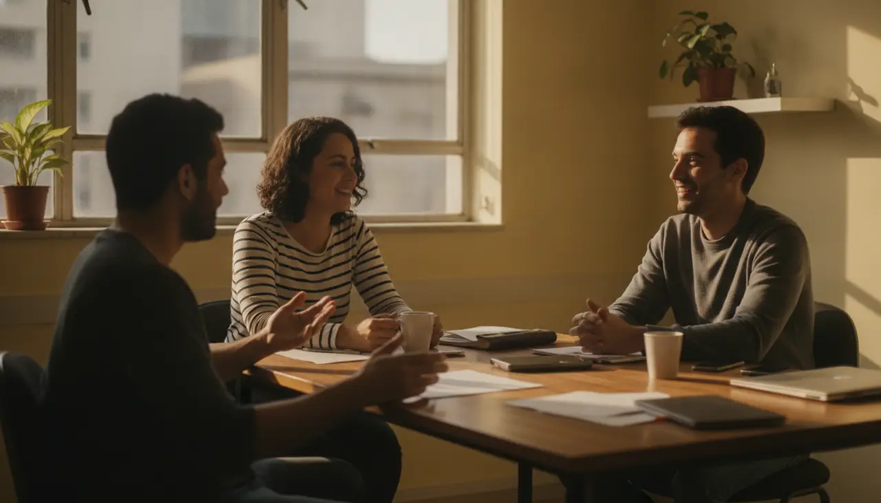 Equipe de uma pequena empresa conversando e sorrindo em um escritório iluminado por luz natural