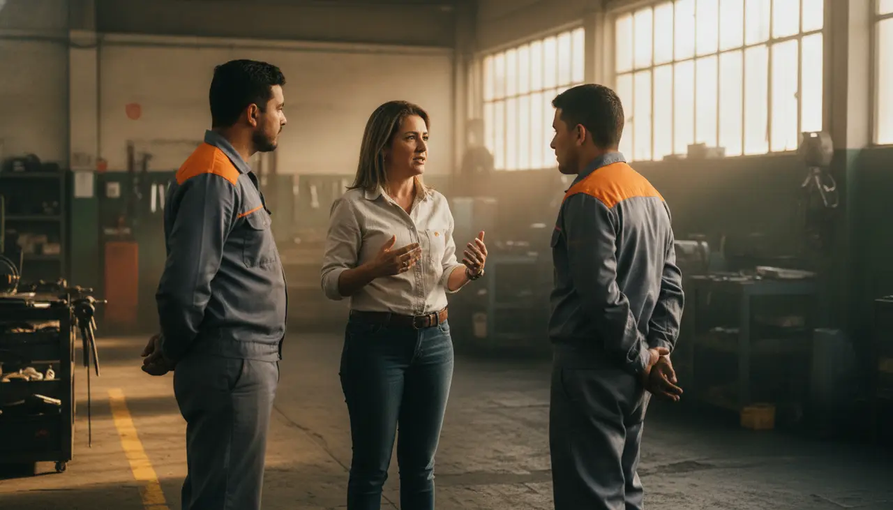 Dona de pequena empresa conversando com dois funcionários de uniforme no chão de uma oficina no interior de São Paulo