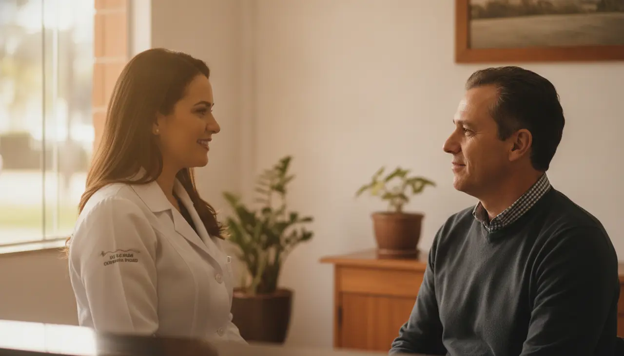 Dentista brasileira conversando com paciente na recepção clara de uma clínica odontológica