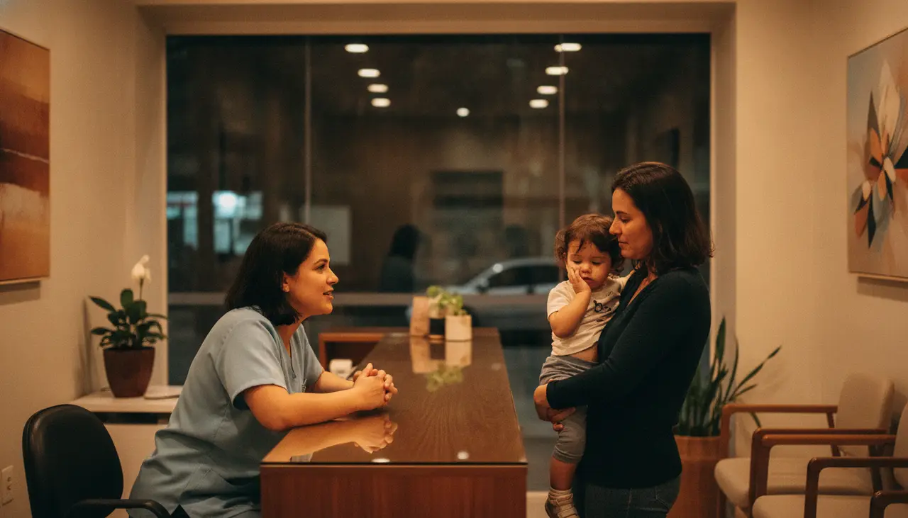 Recepção de clínica odontológica iluminada à noite, atendente recebendo mãe com criança no colo