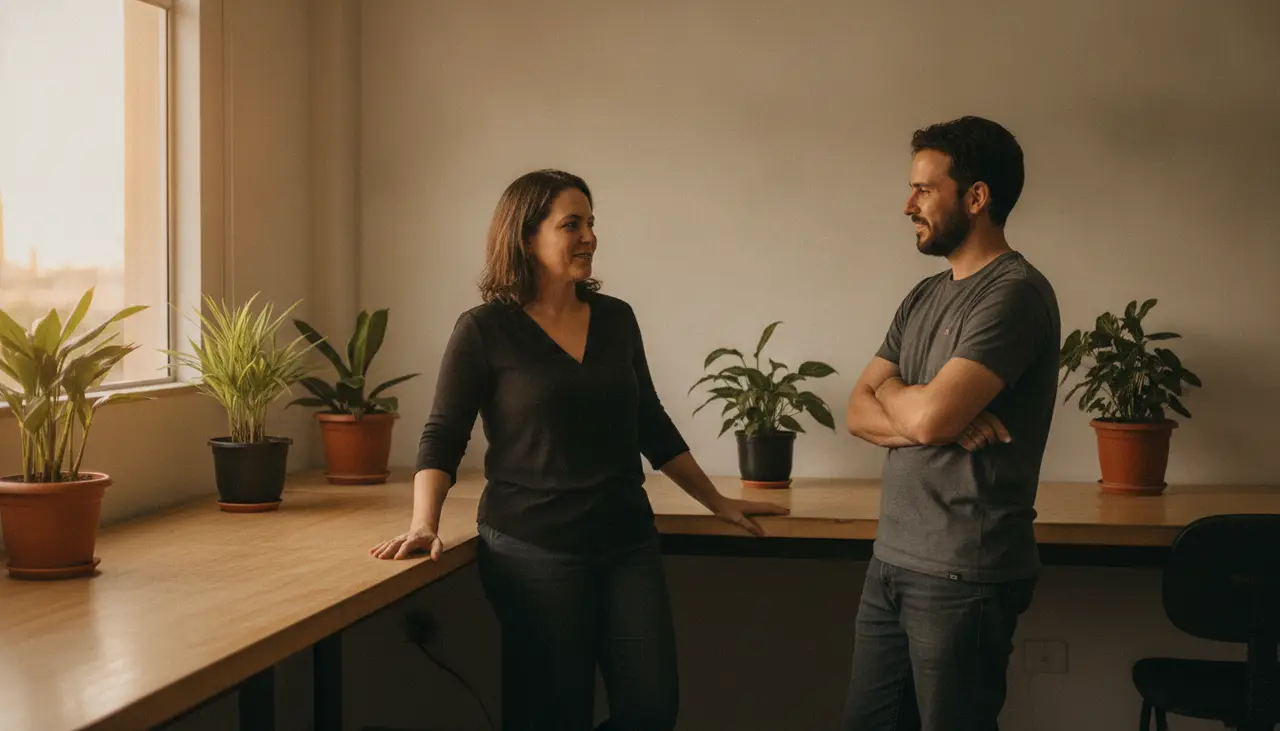 Dona de pequena empresa brasileira conversando com dois funcionários no escritório